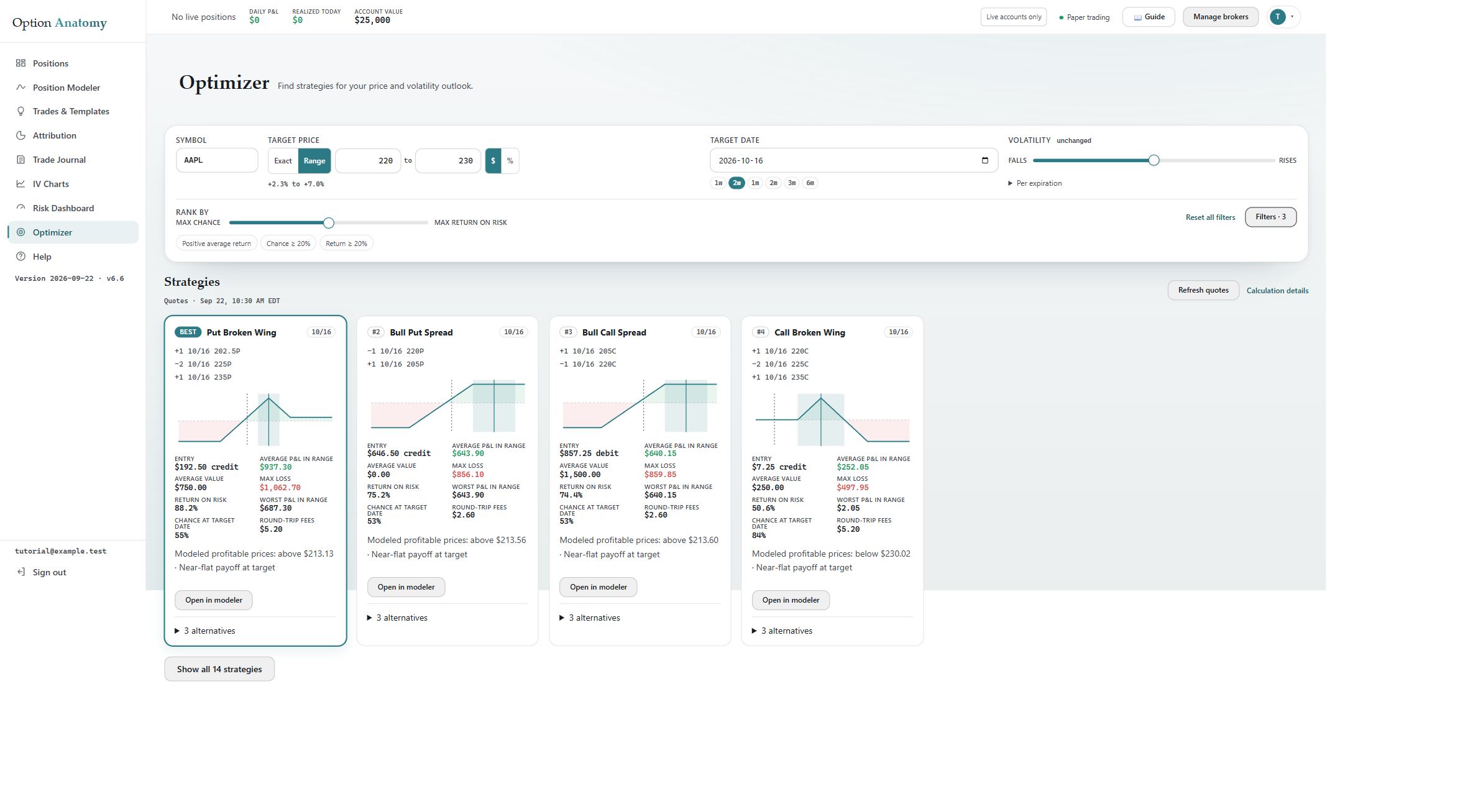 Option Anatomy Optimizer with an AAPL target range of $220 to $230, a centered ranking slider, 20% minimum chance and return filters, and one leading card per strategy family with alternatives.